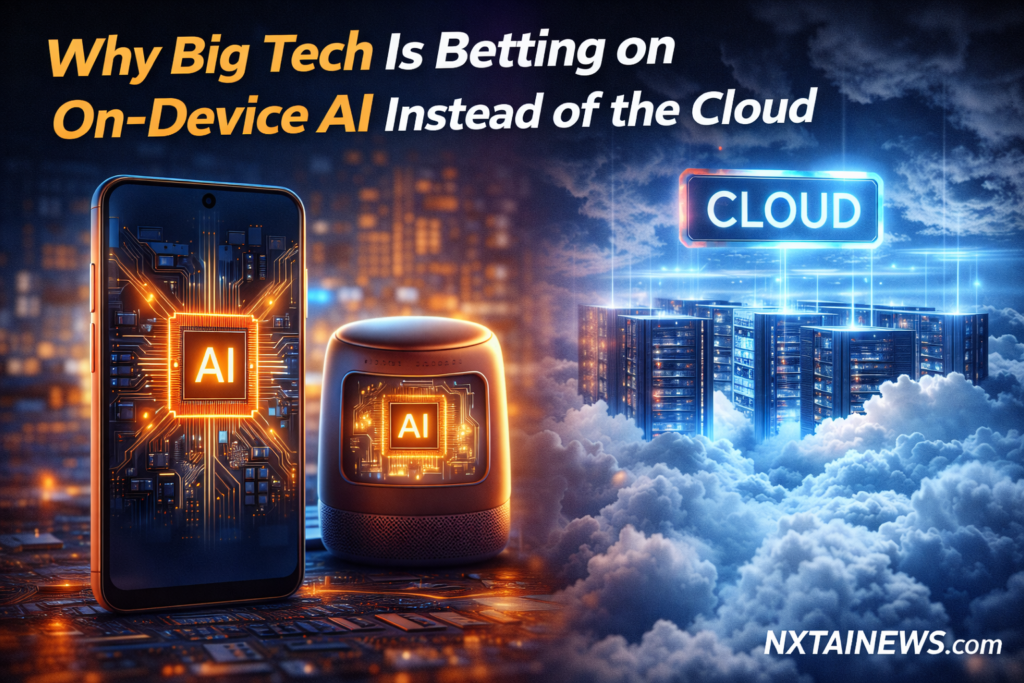 Illustration showing on-device AI running on smartphones and smart devices contrasted with cloud-based AI servers in the background.