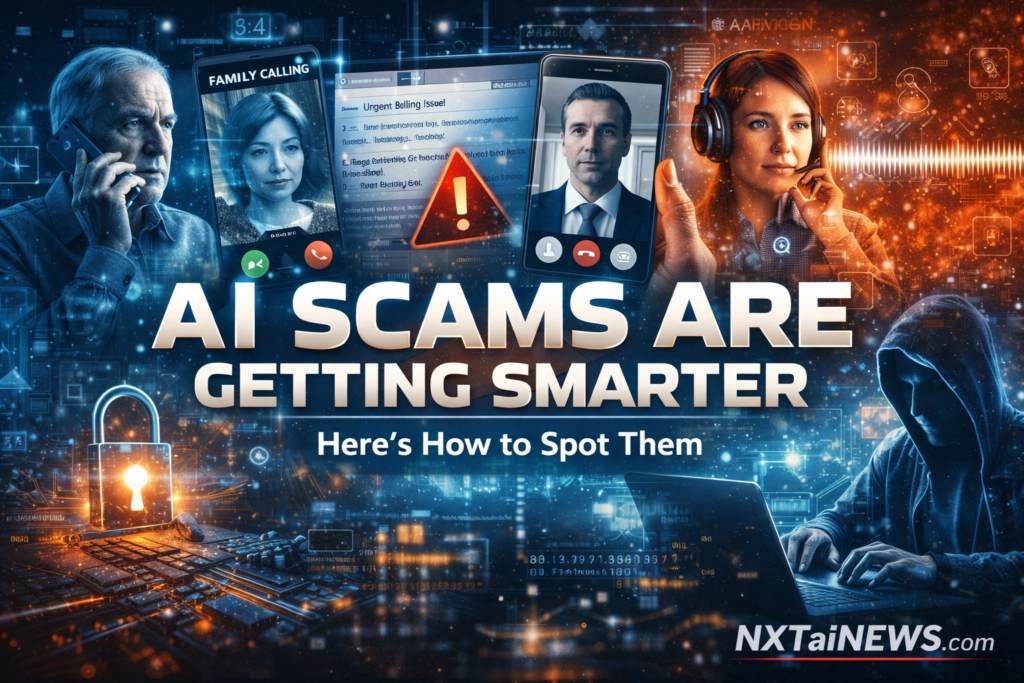 AI scam editorial illustration showing deepfake calls, AI phishing emails, cybersecurity threats, and digital fraud