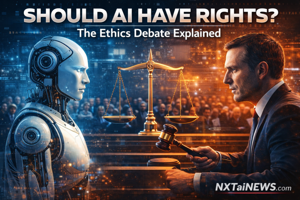 AI ethics editorial illustration showing a humanoid robot and a human facing each other in a courtroom debate about artificial intelligence rights