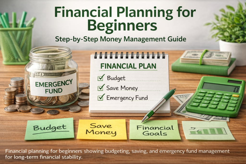 Financial planning for beginners showing budgeting, saving, and emergency fund management for long-term financial security.