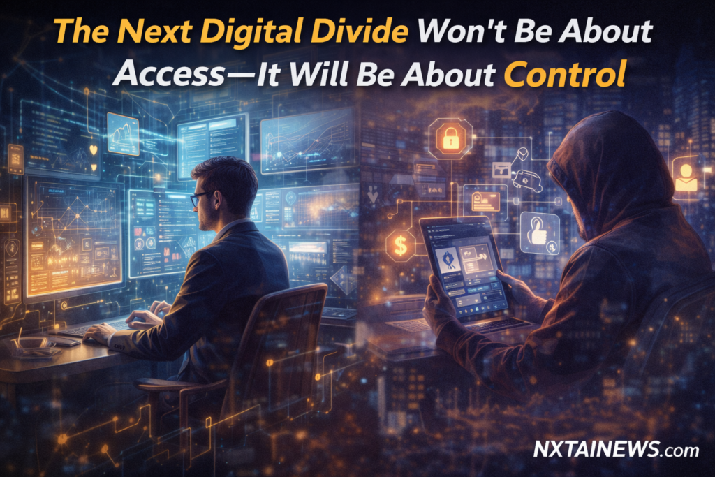 Illustration showing a digital divide where one side controls advanced technology systems while the other relies on automated platforms and algorithms.