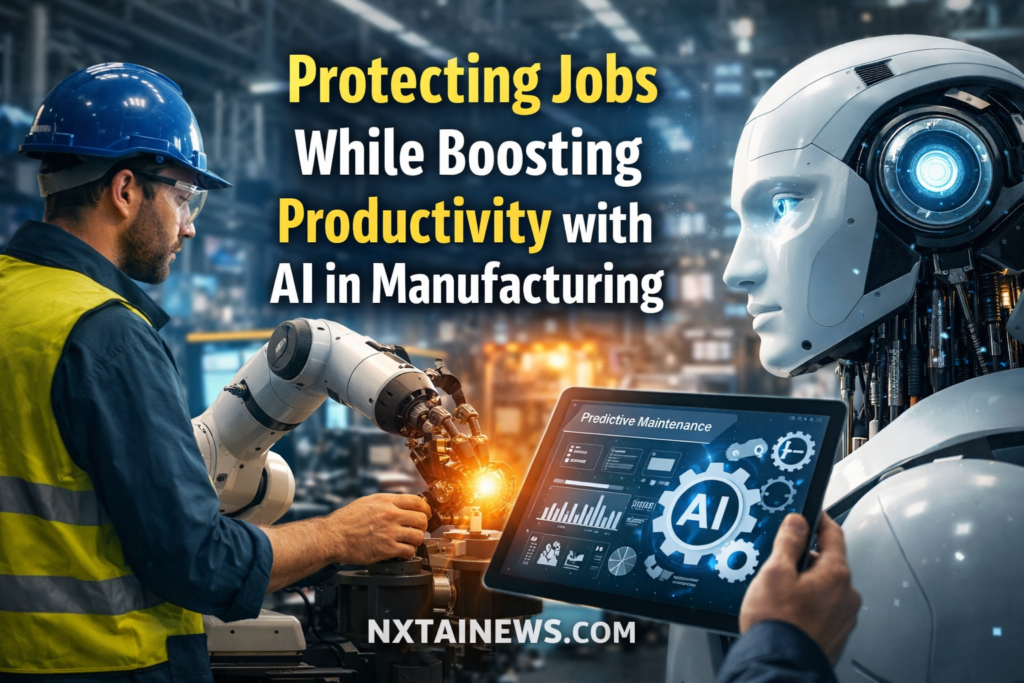 Factory worker collaborating with AI-powered robot to boost productivity while protecting jobs in manufacturing