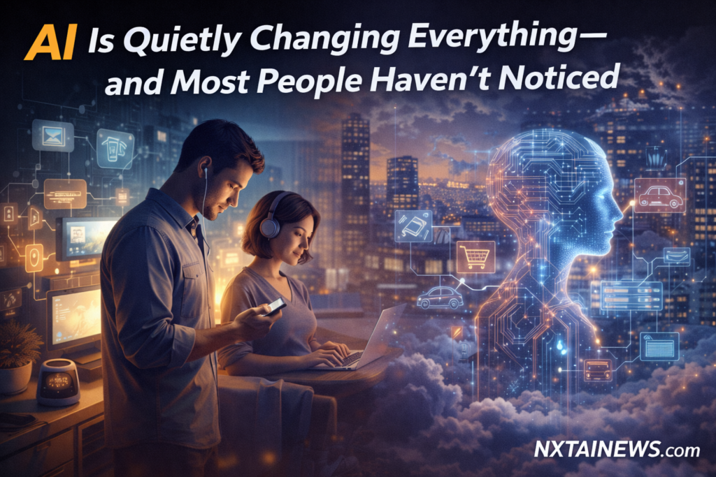 Illustration showing artificial intelligence blending into everyday life, with people using devices as AI operates quietly in the background.