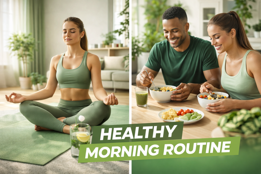 healthy morning routine with yoga and fitness