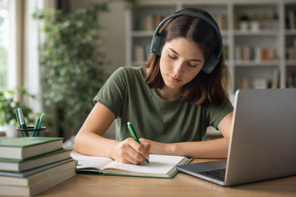AI-generated image of a student studying at a desk with books and notebook in a green-themed environment, representing effective study techniques.