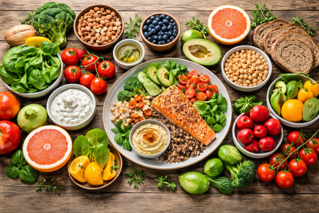 Healthy eating habits with balanced diet including fruits, vegetables, salmon, and whole grains