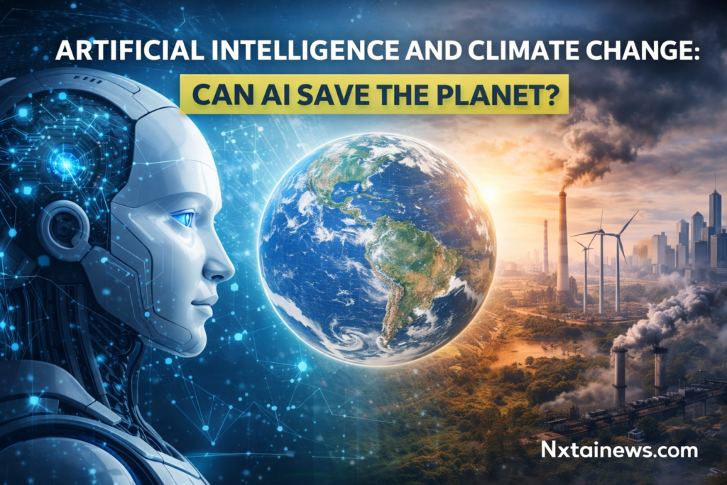 Artificial intelligence and climate change concept showing AI and Earth sustainability