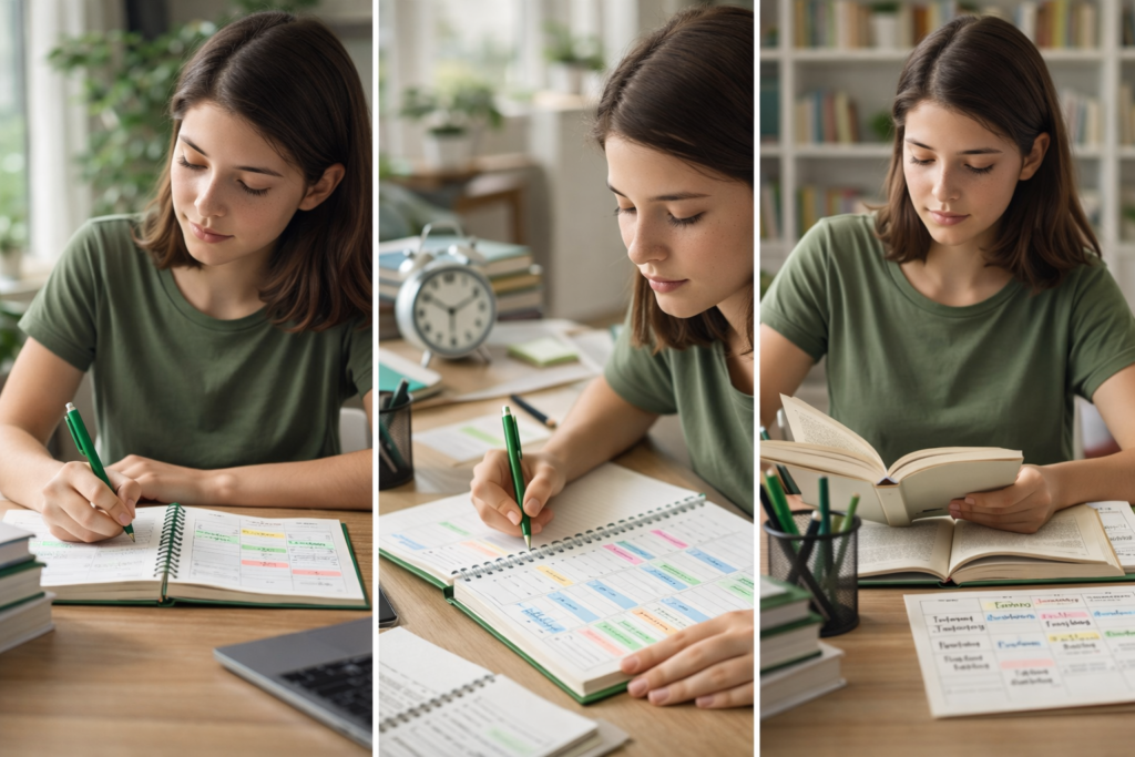AI-generated image of a student studying at a desk with books and notes, representing effective study techniques and focused learning.