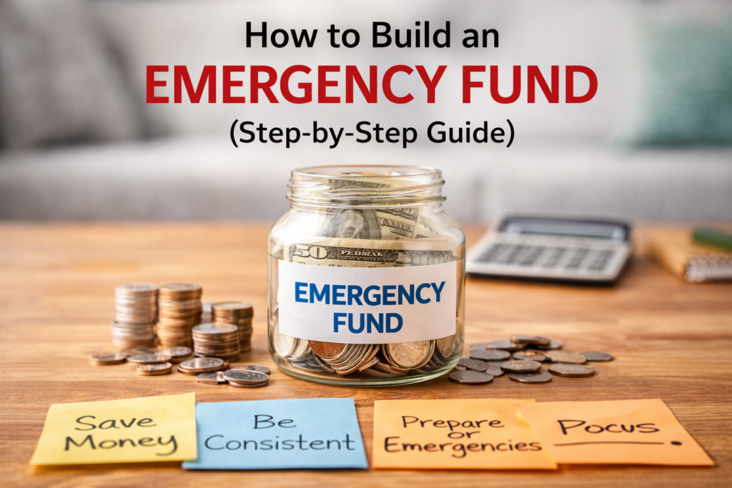 Emergency fund savings jar filled with money on a table, showing how to build an emergency fund step by step for financial security.