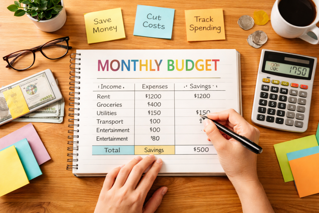 Monthly budget planning notebook with income, expenses, and savings written down, showing personal finance and money management concept.