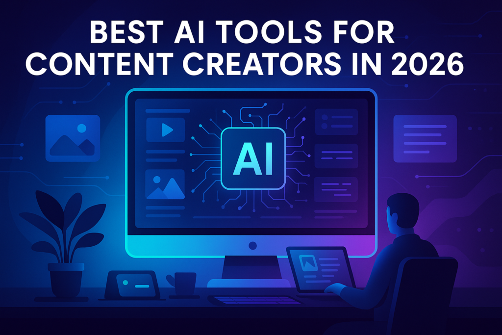 Futuristic AI workspace illustration showing a content creator using advanced digital tools on a computer, representing the best AI tools for content creators in 2026.